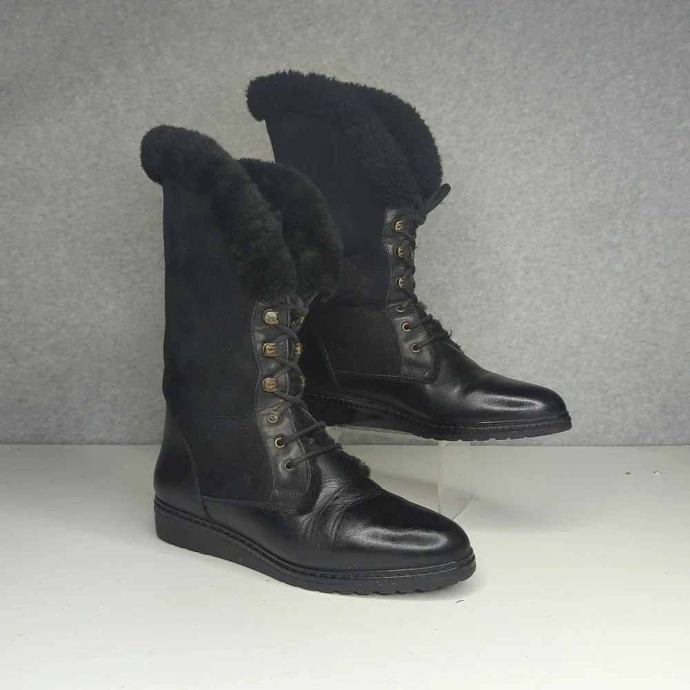 Vintage Italian Black Leather‎ Lace Up Tall Winter Boots Faux Fur Women's 8